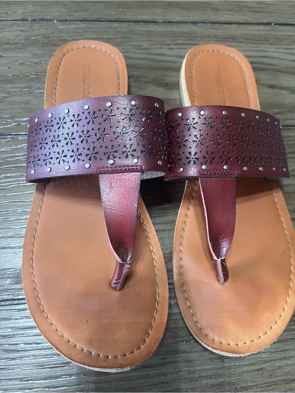 Maurices Burgundy Floral Laser-Cut Slide Sandals - Picture 2 of 3
